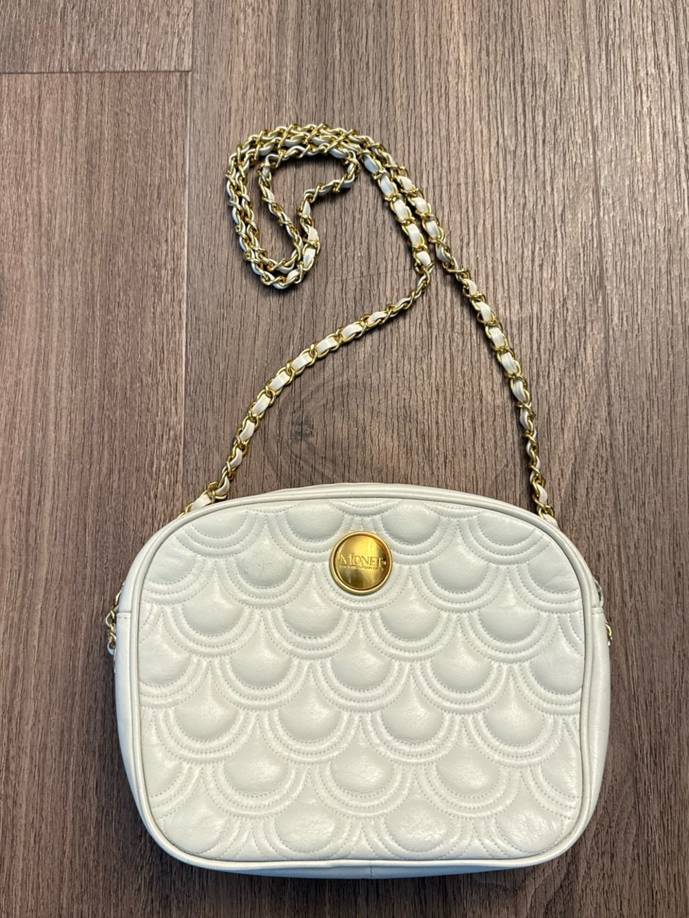 Monet vintage leather Cream Quilted Crossbody Bag with Gold Chain